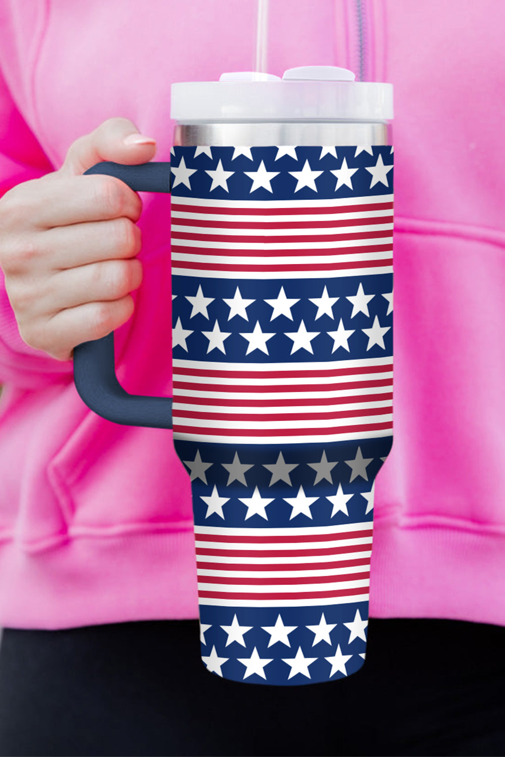 4Th of July│ Flag│ Bluing Stars and Stripes Print Handled Thermos Cup 40oz - MyRoomyStuff