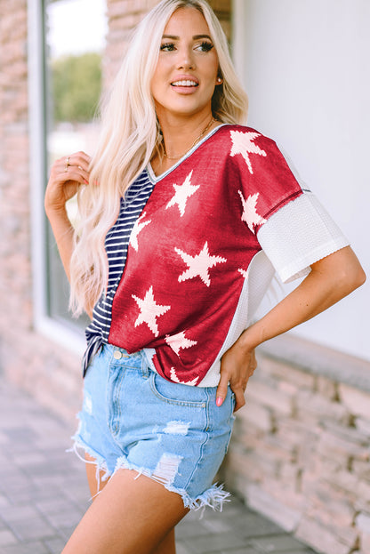 4th of July│ Blue Stripes Stars Print Short Sleeves - MyRoomyStuff