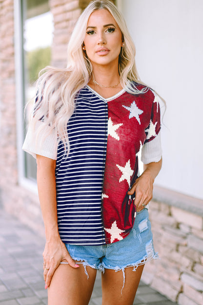 4th of July│ Blue Stripes Stars Print Short Sleeves - MyRoomyStuff