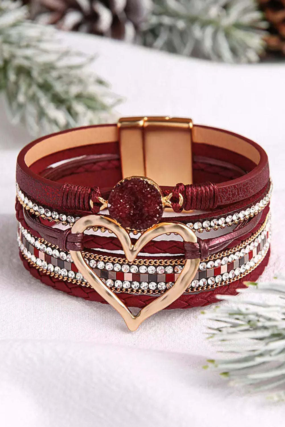 Fiery Red Valentine Rhinestone Heart Layered Bracelet - MyRoomyStuff