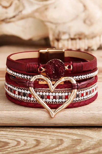 Fiery Red Valentine Rhinestone Heart Layered Bracelet - MyRoomyStuff