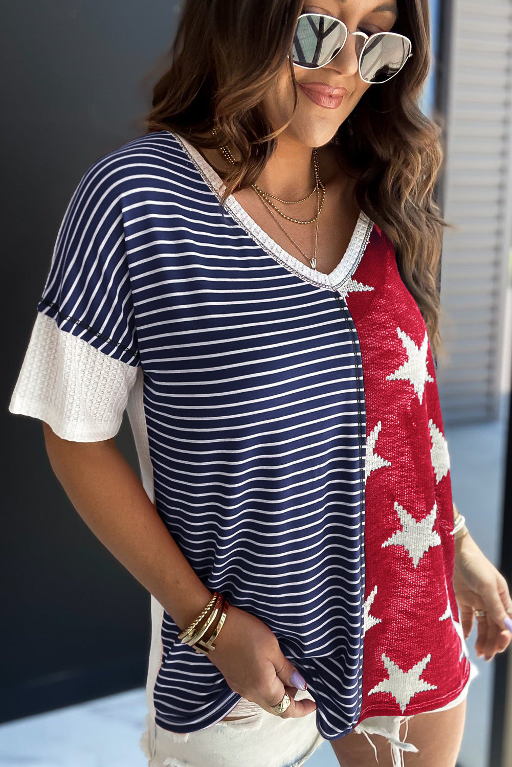 4th of July│ Blue Stripes Stars Print Short Sleeves - MyRoomyStuff