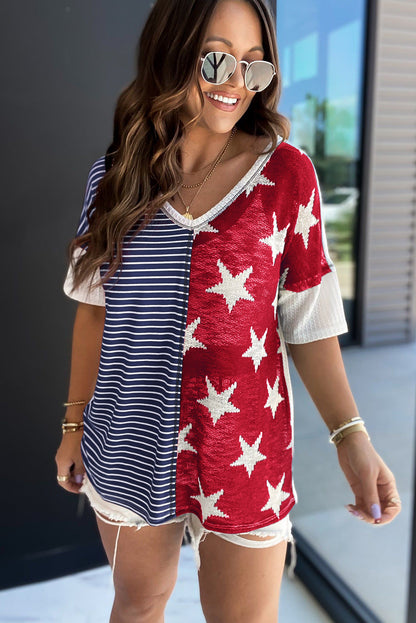 4th of July│ Blue Stripes Stars Print Short Sleeves - MyRoomyStuff