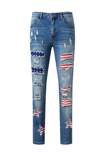 4Th of July│ American Flag Star Graphic Distressed Straight Jeans - MyRoomyStuff