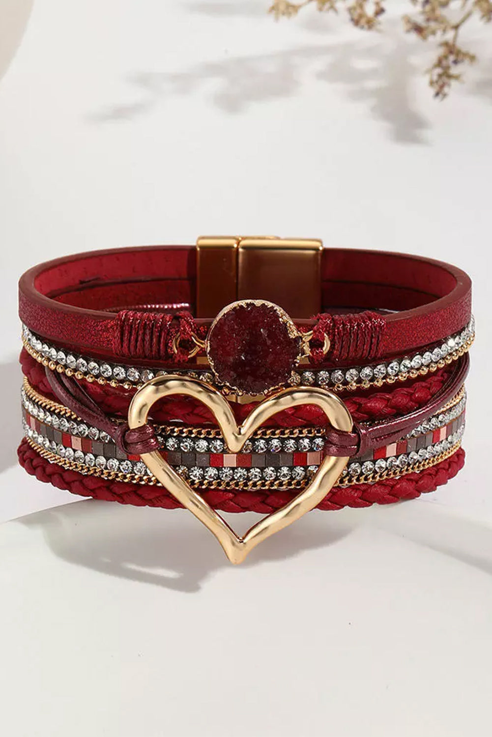 Fiery Red Valentine Rhinestone Heart Layered Bracelet - MyRoomyStuff