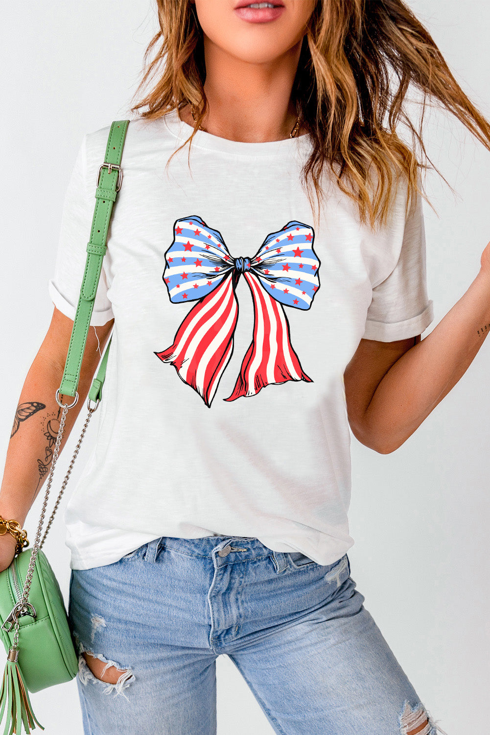 4Th Of July│ T-Shirt│ White Stripes and Stars Bowknot - MyRoomyStuff