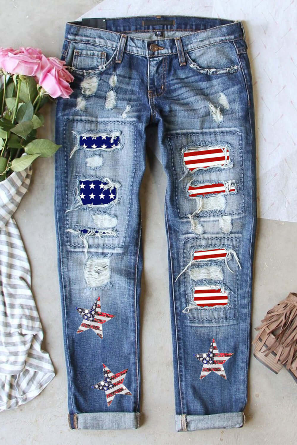 4Th of July│ American Flag Star Graphic Distressed Straight Jeans - MyRoomyStuff