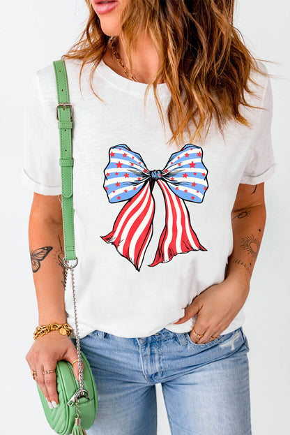 4Th Of July│ T-Shirt│ White Stripes and Stars Bowknot - MyRoomyStuff