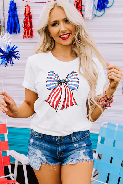 4Th Of July│ T-Shirt│ White Stripes and Stars Bowknot - MyRoomyStuff