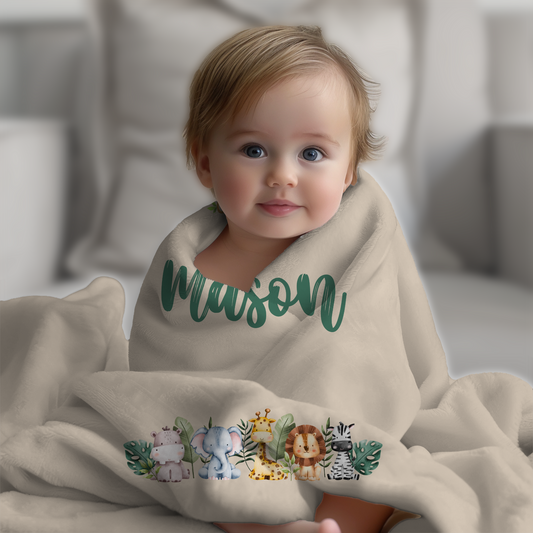 Personalized Safari Animals Baby Blanket │Gift │Sherpa Blanket (Size: 30x40) - MyRoomyStuff