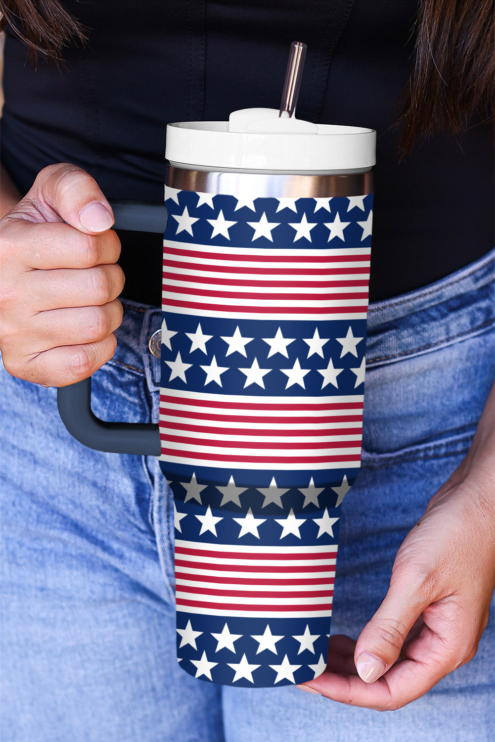 4Th of July│ Flag│ Bluing Stars and Stripes Print Handled Thermos Cup 40oz - MyRoomyStuff