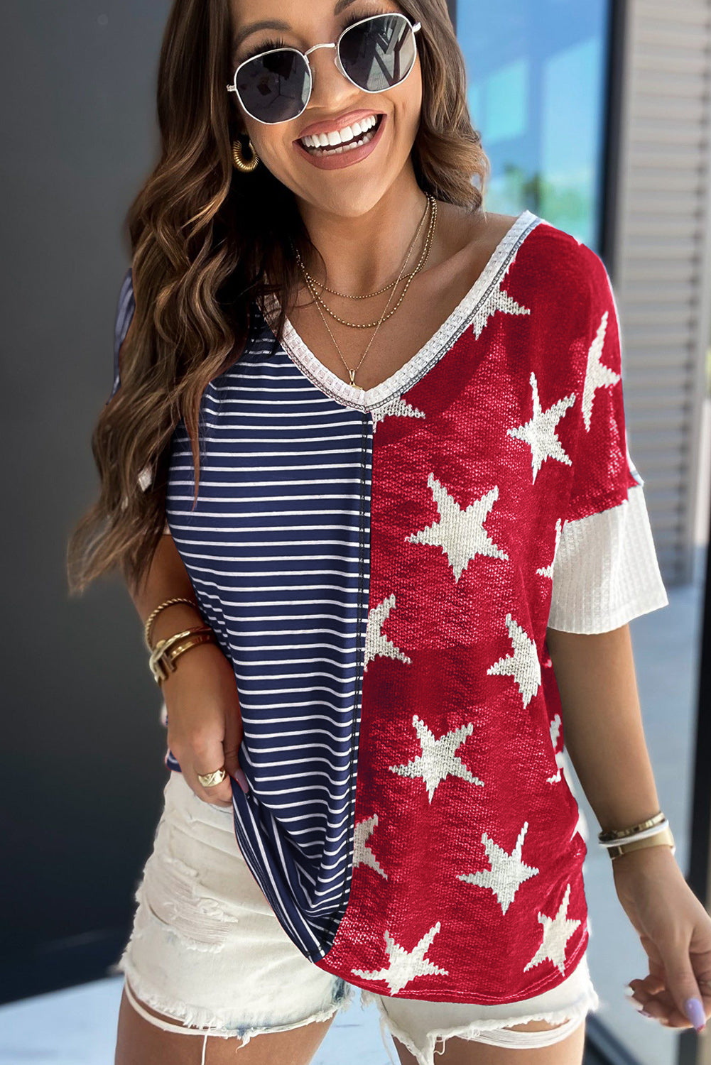 4th of July│ Blue Stripes Stars Print Short Sleeves - MyRoomyStuff