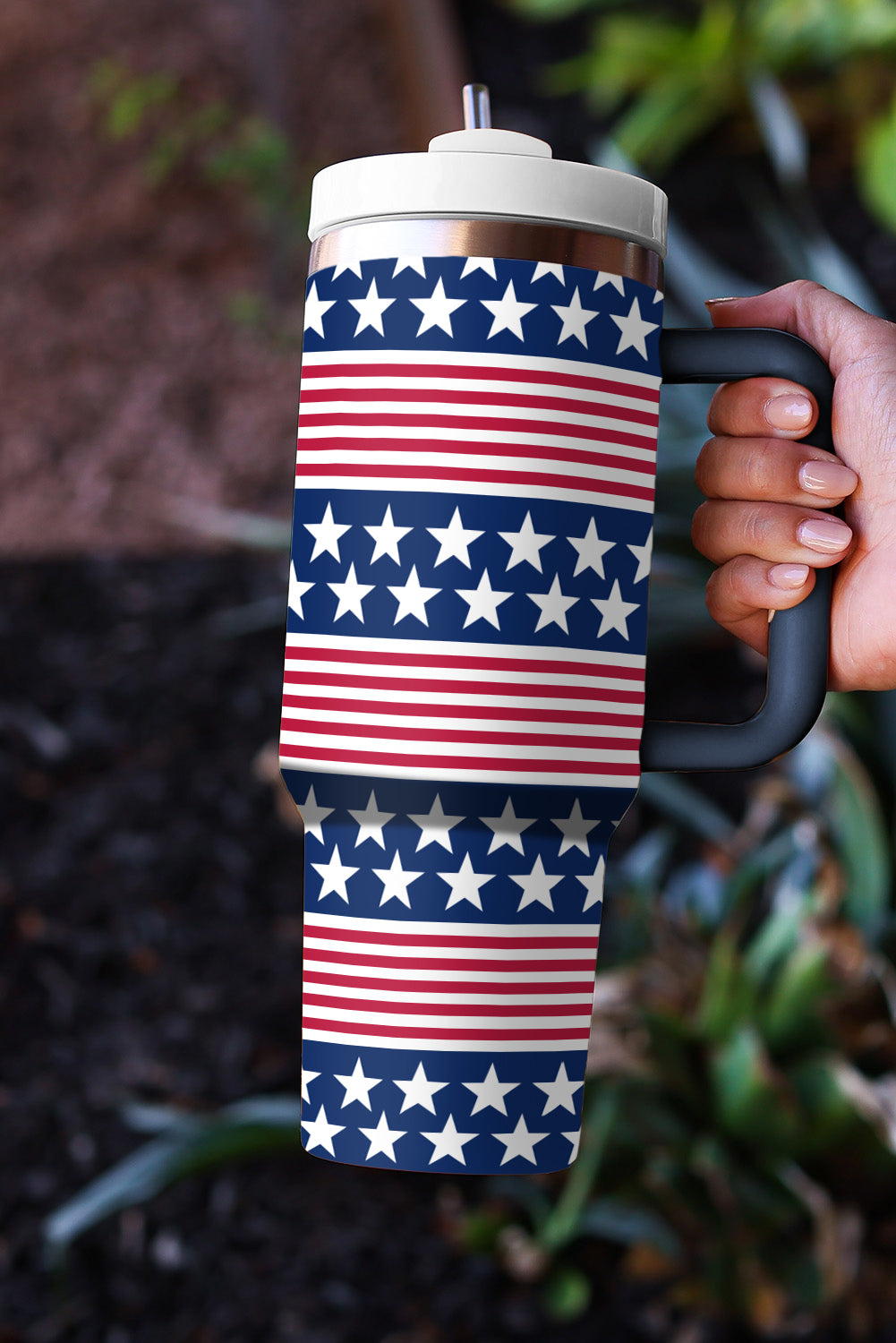 4Th of July│ Flag│ Bluing Stars and Stripes Print Handled Thermos Cup 40oz - MyRoomyStuff