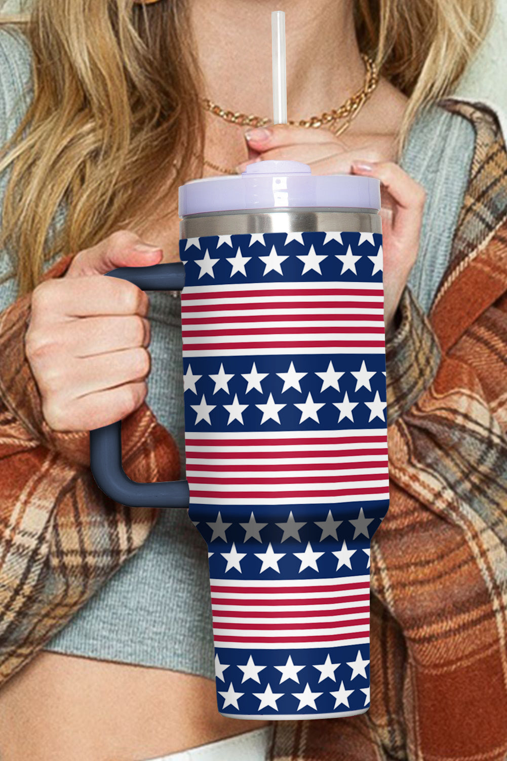 4Th of July│ Flag│ Bluing Stars and Stripes Print Handled Thermos Cup 40oz - MyRoomyStuff