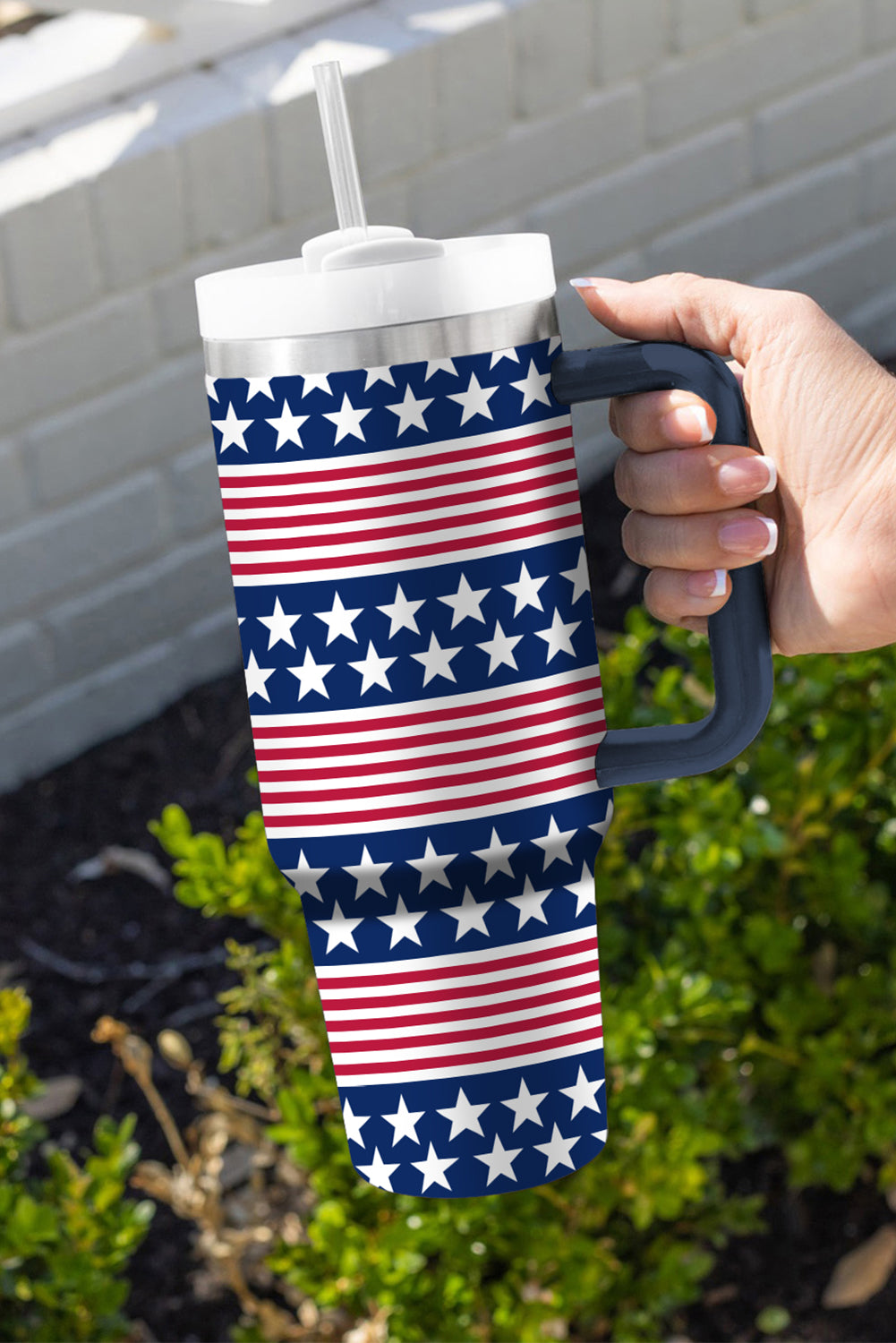 4Th of July│ Flag│ Bluing Stars and Stripes Print Handled Thermos Cup 40oz - MyRoomyStuff