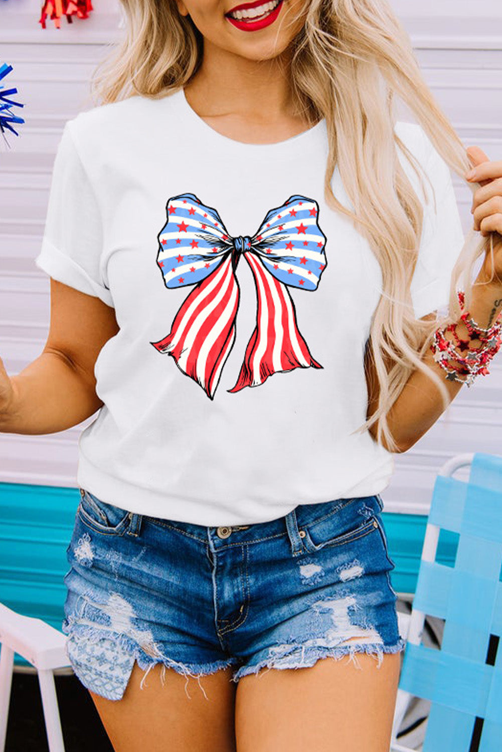 4Th Of July│ T-Shirt│ White Stripes and Stars Bowknot - MyRoomyStuff